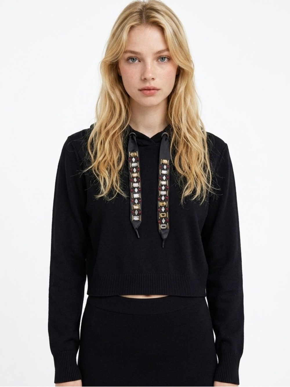 Zara Knit Bejeweled Drawstring Sweater Hooded Navy Blue Size L Pit 21